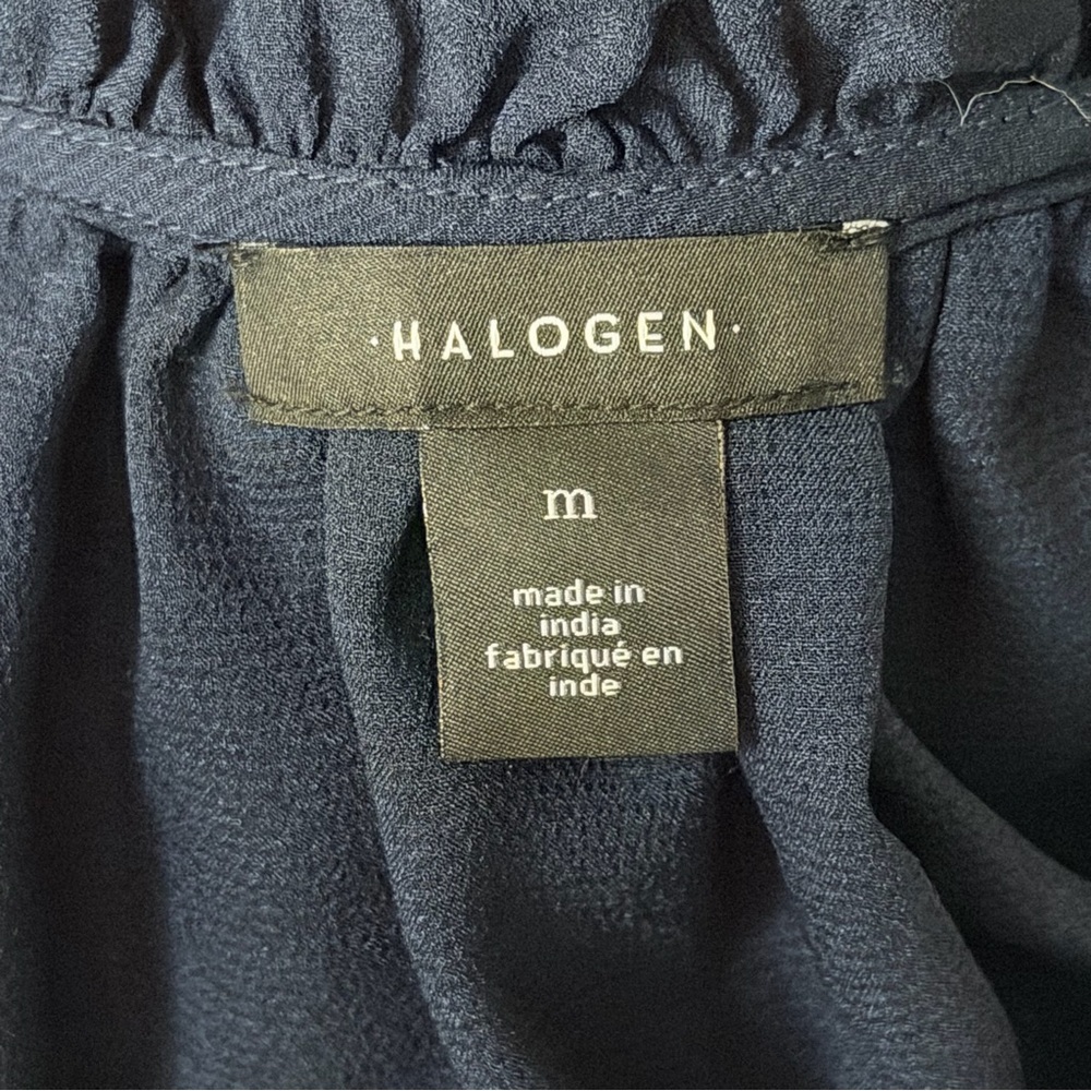 Halogen Ruffle Trim Button Down Satin Dress Classic Navy Blue Size Medium - Picture 7 of 13